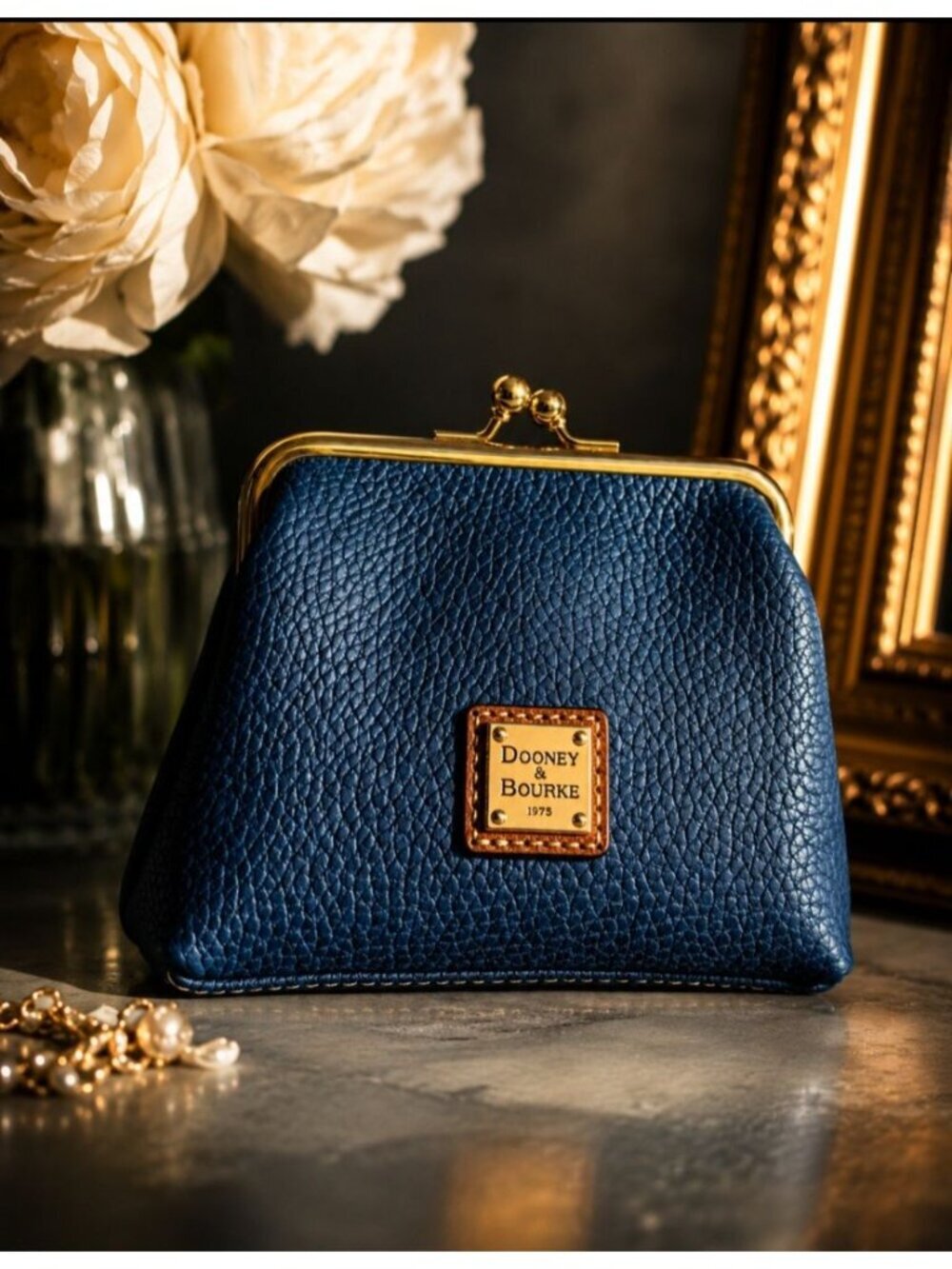 Dooney & Bourke Blue Pebbled Leather Large Frame Coin Purse Kisslock Wallet NWT